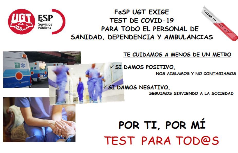 FeSP-UGT exige el test COVID-19 para todo el personal de sanidad, dependencia y ambulancias